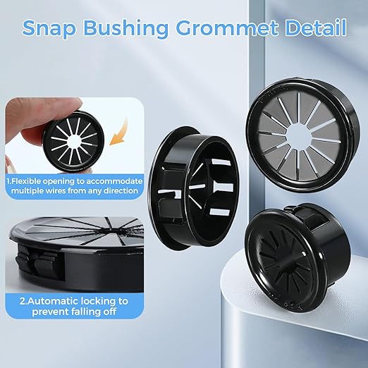 12 Pcs Cable Grommet, Snap Bushing 1-1/4" (32 mm) Mounting Diameter, Flexible Petal-Shaped Buckle Round Nylon Desk Grommet for Wires Through Countertop Cord Organizer and Protection, Black