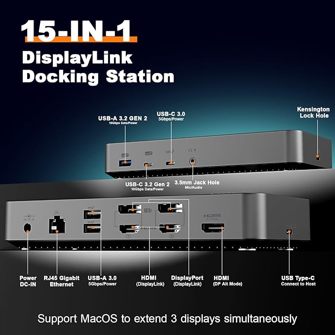 DisplayLink Docking Station 3 Monitors with 130W Power Supply,15 in 1 USB C Triple 4K Display Dock for M1 M2 M3 M4 Thunderbolt MacBook Pro/Air and USB-C/A Port Windows Laptops (3 HDMI, 2 DP)