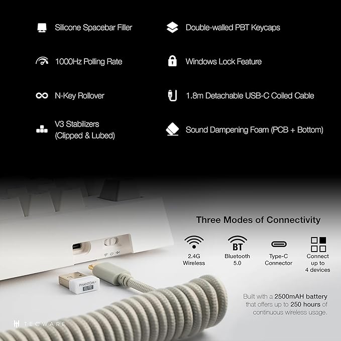 TECWARE Phantom+ Elite 87 Key RGB Mechanical Gaming Keyboard, LED Backlit, Universal Hot-Swap, Wired and Wireless, 3 Mode Connectivity, Thocky Sounding, White Elite Wraith Pink