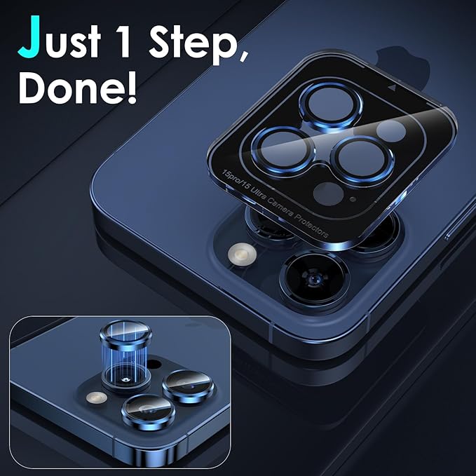 YWXTW CameraLens Protector,[1 Step Installation Tray] Tempered Glass Screen Metal Individual Cover Accessories Case Friendly (Blue Titanium) (iPhone 15 Pro/15 Pro Max)