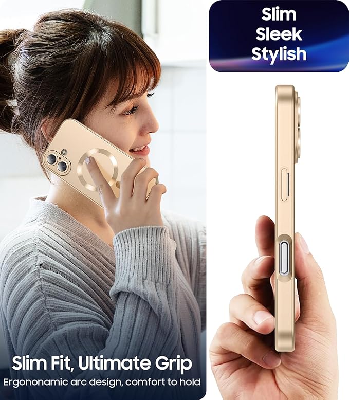 Magnetic for iPhone 16 Case [Compatible with MagSafe][Built-in Camera Lens Protector] Slim Soft Silicone Bumper Shockproof Metallic Luster Phone Case (Gold)