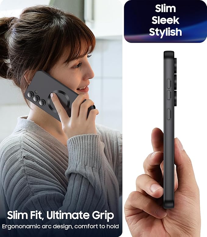Magnetic for Samsung Galaxy S25 Plus Case [Compatible with MagSafe][Built-in Camera Lens Protector] Slim Soft Silicone Bumper Shockproof Metallic Luster Phone Shell (Black)