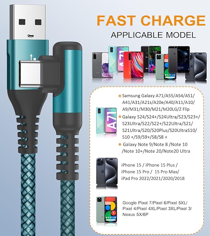 sweguard USB C Cable Right Angle [3Pack, 10FT+6.6FT+3.3FT], USB Type C iPhone 16 Charger Cable Nylon Braided Cord for iPhone 15 16 Pro Max Plus, Samsung Galaxy S25 S24 S23 S22 S21 S10 Note 20 10,Moto,