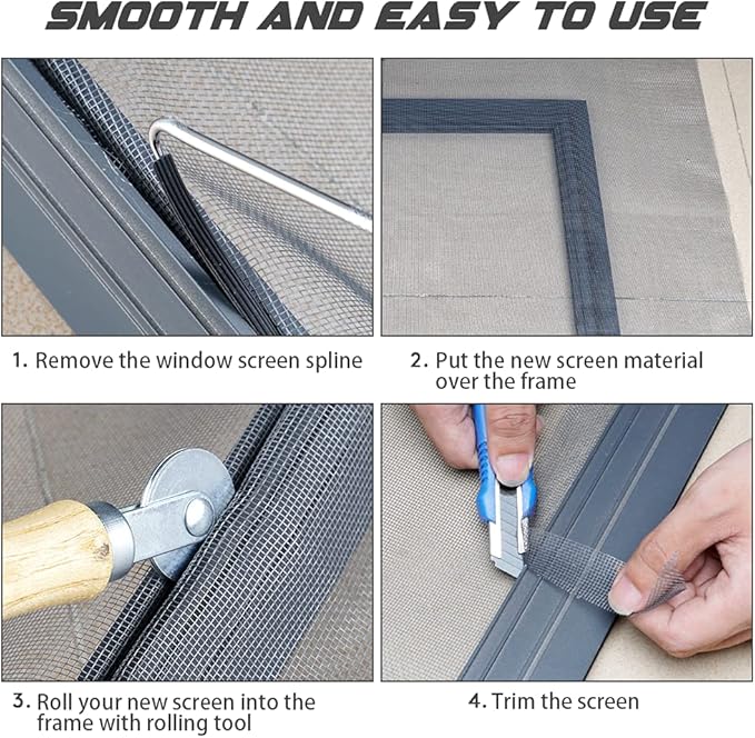 Screen Repair Kit Easy DIY Project 36" x 90" Fiberglass Screen Mesh with Rolling Tool and Screen Retainer Spline Screen Replacement kit for Windows Sliding Doors and Patio Screens (36" x 90", Black)