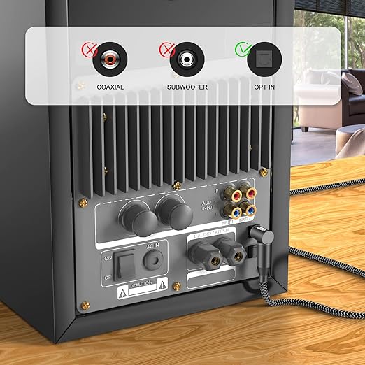 EMK 90 Degree Right Angle Optical Audio Cable [15ft/5M] - 360° Rotatable Digital Toslink SPDIF Cable for Soundbar to TV, Home Theater - Black Fiber Optic Cable with Angled Connector