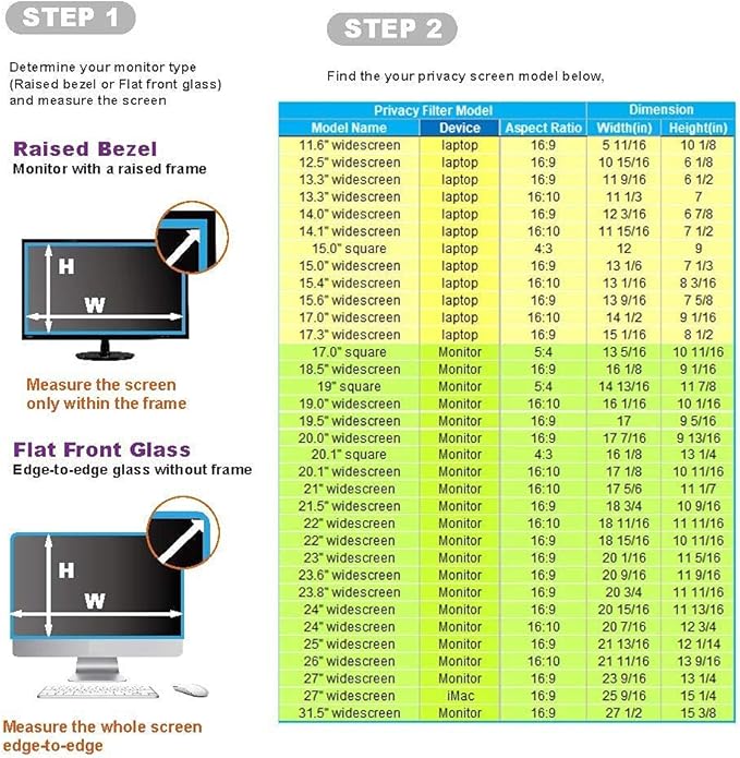 21 Inch (Measured diagonally) 16:10 Wide -Monitor Privacy Screen Filter - Width 17.8 Inch (452 mm), Height 11.14 Inch (283 mm) Except Edges - Please Check The Dimensions of The Screen!