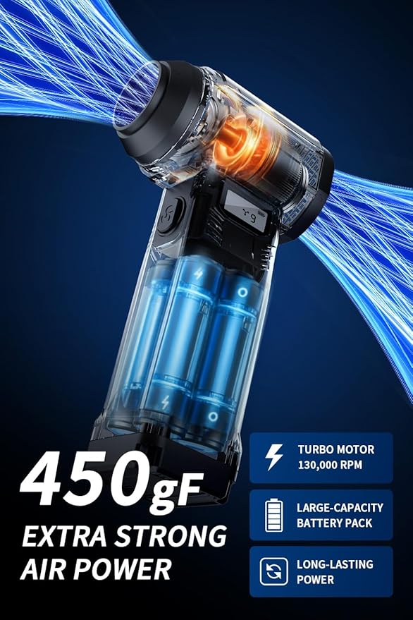 Instant Dust Removal — Compressed Air Duster 90,000 RPM with 40mm Nozzle, LED Light, TFT Display, 9-Speed Adjustable Rechargeable Air Duster, 10,000mAh Battery, 5 Nozzles for Computer,blowers
