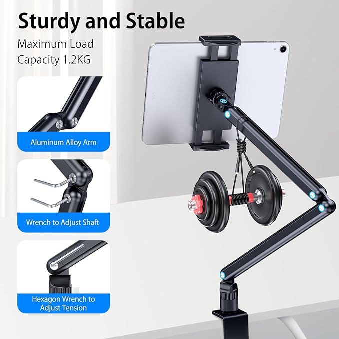 Tablet Stand Holder, Aluminum iPad Desk Mount Bracket, Tablet Arm Mount Holder with 360°Rotating Metal Base, Fits for iPad Air Pro Mini, Phones, Samsung Galaxy, Kindle, All 4.7-13 Inch Devices