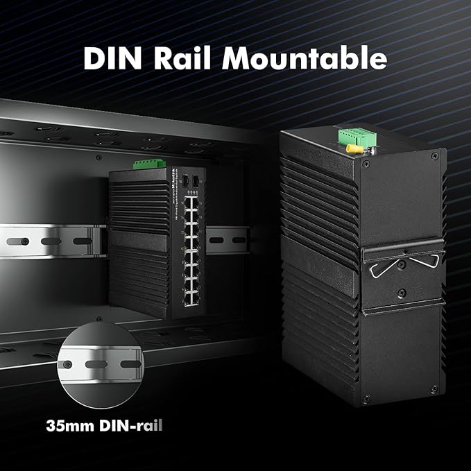 MokerLink 16 Port Gigabit Industrial DIN-Rail Ethernet Switch, 2 Gigabit SFP Ports, Unmanaged IP40 Network Switch (-40 to 185°F), with Power Supply