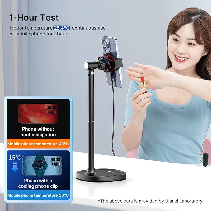ULANZI SK-06 Cell Phone Stand with Phone Cooler, Desktop Phone Live Streaming Solution with Phone Cooling Fan, Height Adjustable Phone Cooler Stand Compatible with All Mobile Phones, iPhone & Android