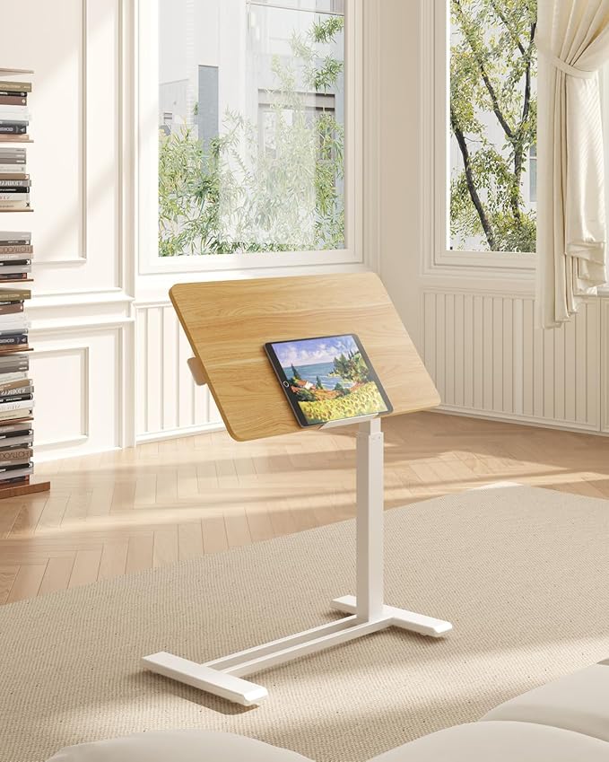 FLEXISPOT H7 PRO Mobile Standing Desk Adjustable Overbed Table Pneumatic with Wheels 90°Tiltable Portable Laptop Desk Rolling Computer Cart Foldable Bedside Table(27.6" W x 15.7" D, Maple)