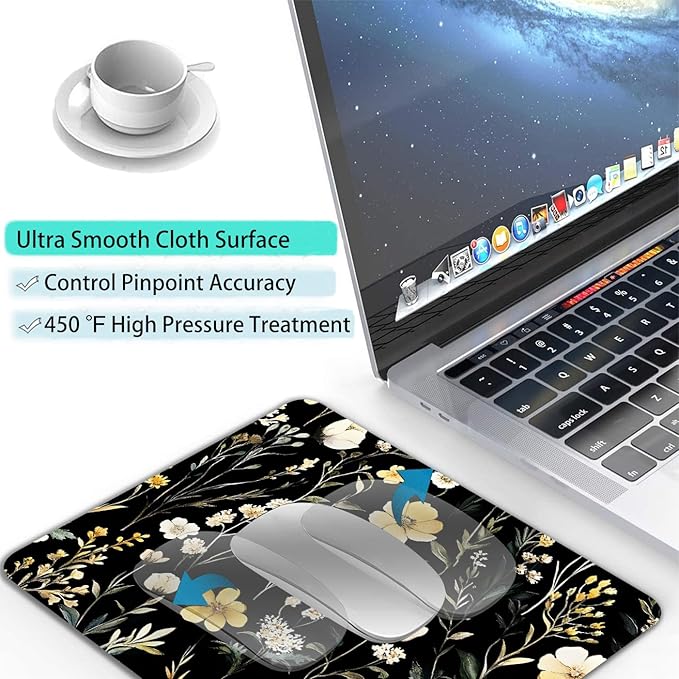 Wildflowers Aesthetic Floral Custom Mouse Pad with Non-Slip Rubber, Small Square Design for Wireless Laptop & Computer Mouse Pads for Desk, 9.5 x 7.9 inch Smooth Surface for Gaming & Office