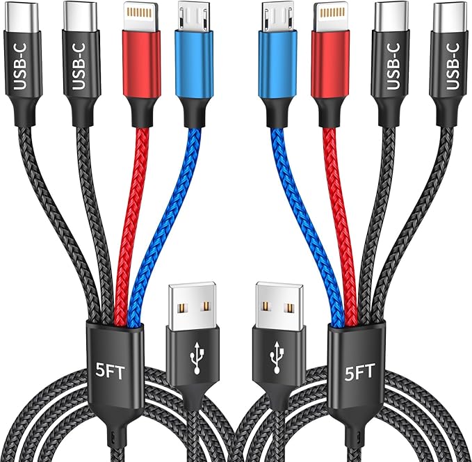 Travel Essentials, Dual Type-C 4 in 1 Multi Charging Cable for Multiple Devices, USB Cables Universal Phone Charger Cord with IP/Micro/2 USB-C Port for iPhone16/15/14, Android Tablet Pad, 2Pack 5FT