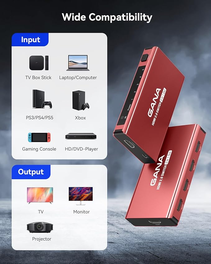 HDMI Switch 5 in 1 Out 4K@60Hz, GANA HDMI Splitter Switcher with Remote, Aluminum HDMI 2.0 Switch Box Hub for 3D, HDCP2.2, HDR, Compatible with Xbox, PS5/4/3,Fire Stick,Roku,Blu-Ray Player, Red