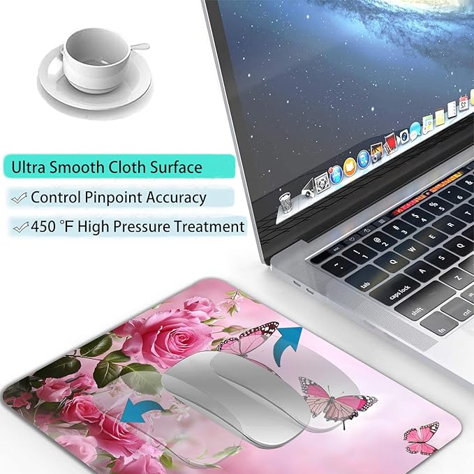 Cute Butterfly Pink Rose Flower Custom Mouse Pad with Non-Slip Rubber, Small Square Design for Wireless Laptop & Computer Mouse Pads for Desk, 9.5 x 7.9 inch Smooth Surface for Gaming & Office