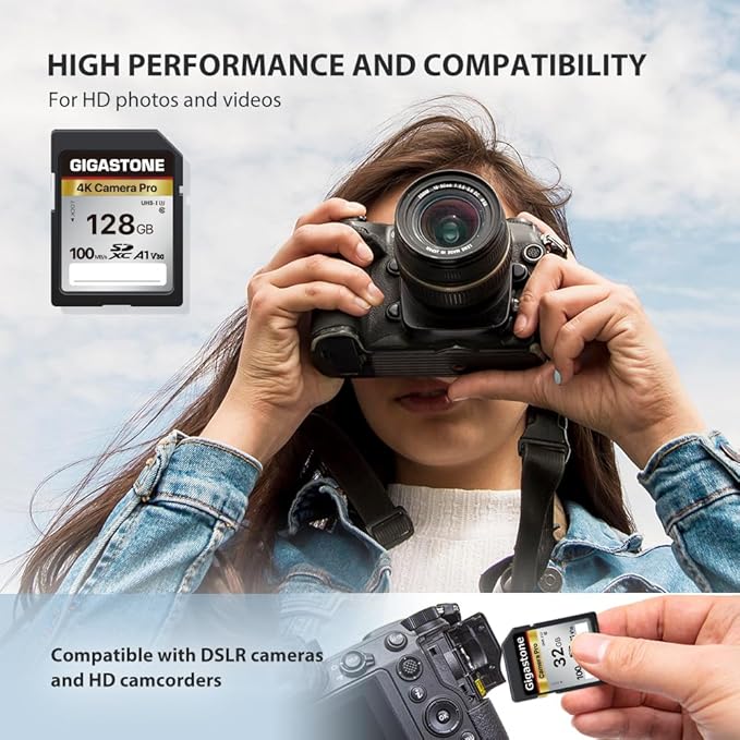 [5-Yrs Free Data Recovery] GIGASTONE 128GB SD Card 10-Pack, 4K Camera Pro, A1 V30 SDXC Memory Card 4K UHD Video Compatible with Canon Digital Camera, with 10 Mini Cases