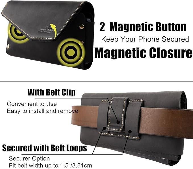 Topstache Leather Phone Holster with Belt Clip,S22 Ultra Belt Holder,iPhone 14 Pro Max Case for Belt,Leather Belt Pouch for Universal Smartphone with Protective Case,Flip Cellphone Pouch,XL,Black
