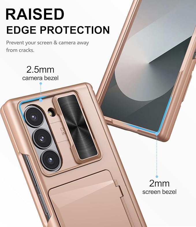 for Samsung Galaxy Z Fold 6 Case with Card Holder & Hinge Protection & Screen Protector, Built-in Camera Lens Cover, Rugged Shockproof Phone Cover Case for Samsung Z Fold 6 5G 2024, Rose Gold