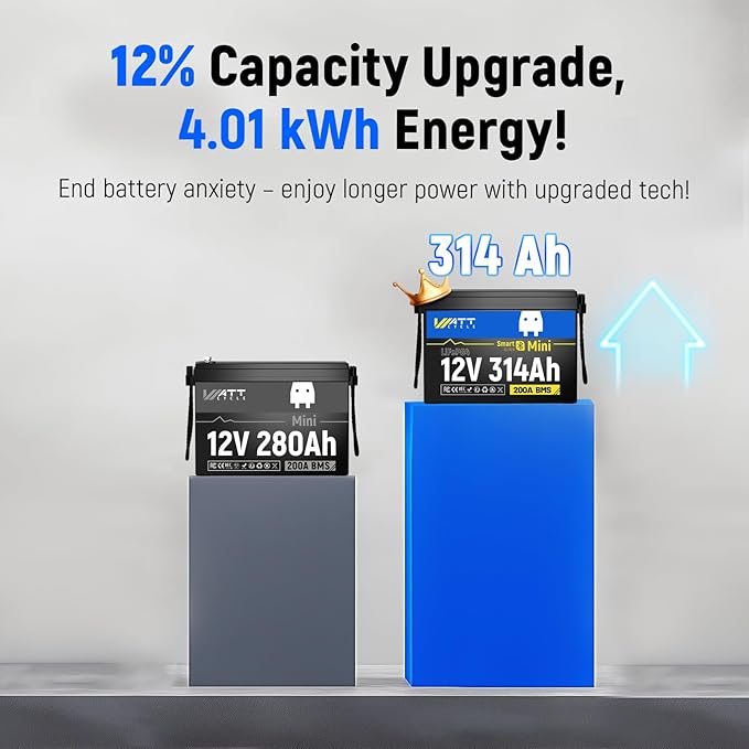 12V 314Ah Lithium LiFePO4 Battery Mini with Bluetooth 5.0 BMS 200A, 4.01kWh Energy, Upgraded Aluminum Cooling Fins & Braided Copper Wires, upporting devices over 2000W (3 PCAK)
