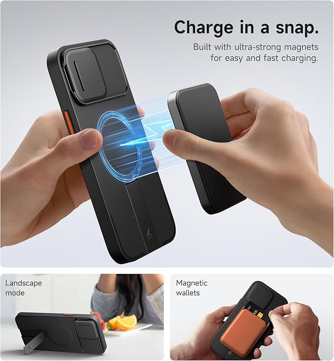 SURITCH for iPhone 13 Pro Max/12 Pro Max Case with Magnetic Camera Slide Cover and Adjustable Kickstand, Compatible with MagSafe, Shockproof Bumper Case Slim Protective Cover 6.7 Inch, Black