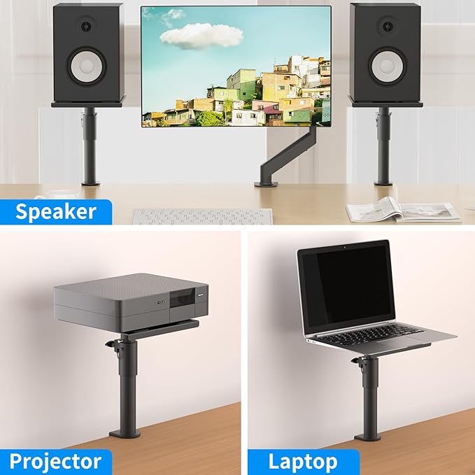 suptek Clamp-on Speaker Stand Desk Mount Set, Height Adjustment, Swivel, 9.6 x 8.8 inch Trays, Universal Audio Holders for Computer and Bookshelf Speakers, Elevated Sound, 2 Pack, Black, SDM001G