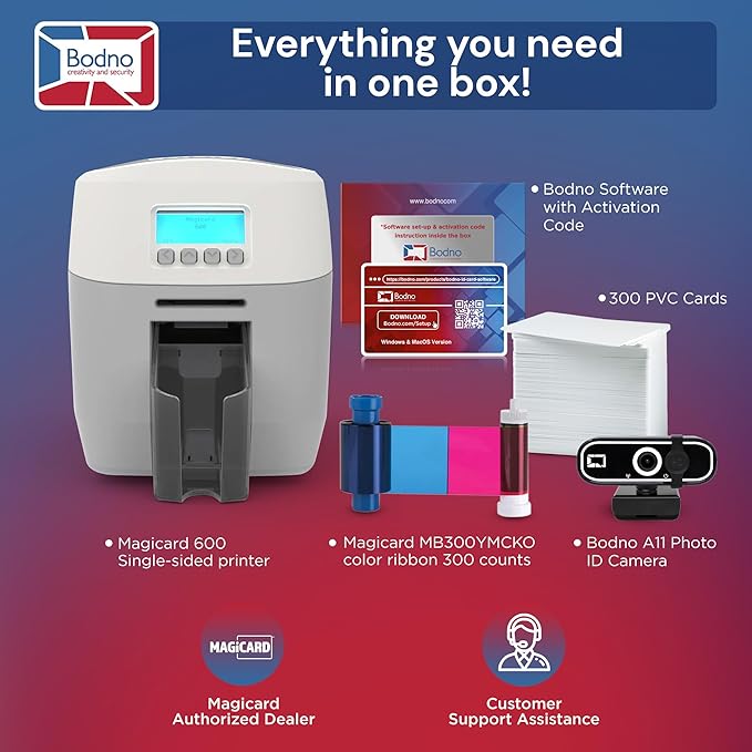 Bodno Magicard 600 Single Sided ID Card Printer & Complete Supplies Package ID Software - Gold Edition