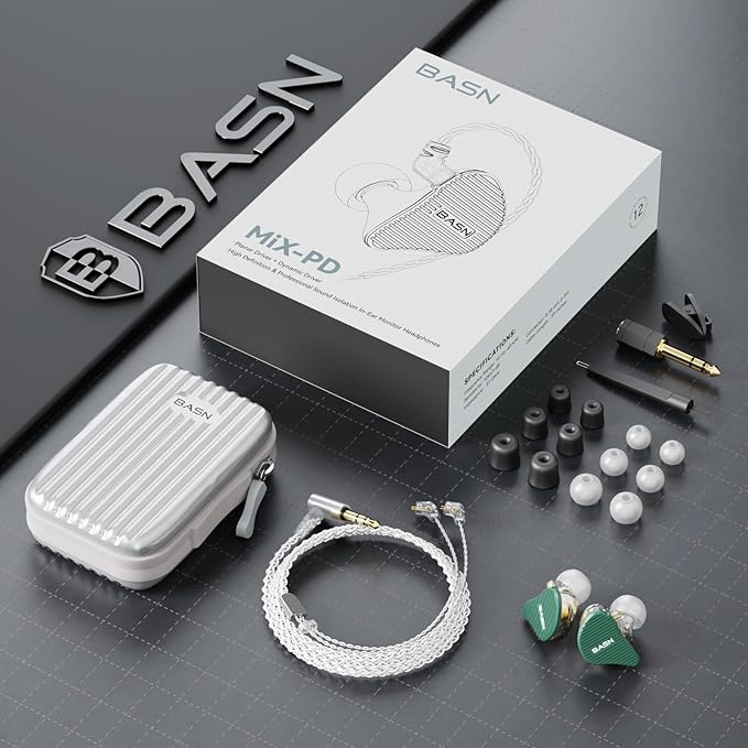 BASN Mix-PD in Ear Monitor,1Planar Driver + 1Dynamic Driver HiFi IEM Earphones with CNC Crafted Metal Cover, Wired 0.78mm 2-Pin Silver Plated Detachable Cable for Musicians (Green)
