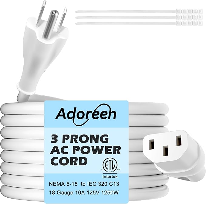Adoreen 4 Ft Computer TV Replacement Power Cord White, 18AWG 3-Prong AC Universal Power Supply Cable NEMA 5-15P to IEC 320 C13 for Printer, PC, Monitor TV LCD, ETL+Ties