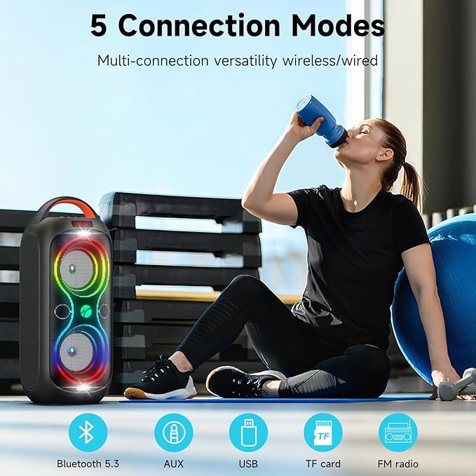 Portable Bluetooth Speaker 120dB Loud with Beat-Sync LED Lights & Dual 4-inch Speakers – 5 RGB Modes + 8 Colors, Bluetooth 5.3, USB/TF/AUX/FM/Mic, TWS Pairing – for Outdoor, Party, Camping & Beach