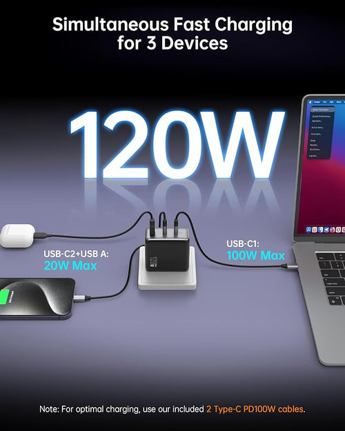 100W USB C Charger, 120W MacBook Pro Charger, 3-Port GaN Fast Charger with PD3.0, PPS, for MacBook pro & Air, ipad Air, iPhone 15, iPad, Laptops and All USB C Device