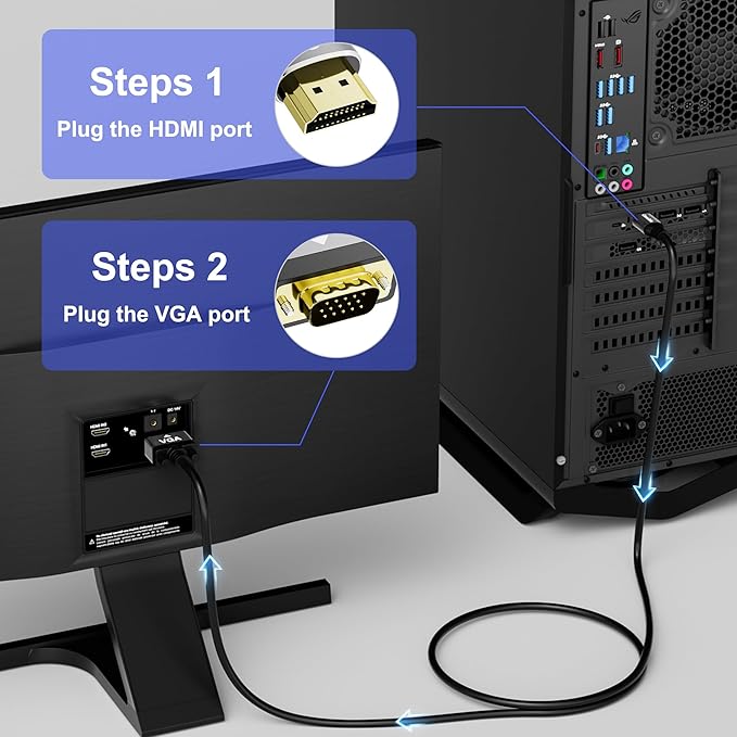 HDMI to VGA Cable 25 FT, Uni-Directional HDMI (Source) to VGA (Display) Cable, Black Male to Male Cord, Gold-plated Connectors, Aluminum Shells, for PC, Desktop, Laptop, Monitor, Projector, HDTV, Xbox