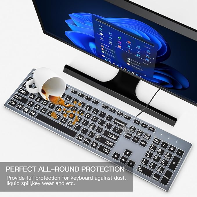 Keyboard Cover with Large Letters Compatible with DELL KB216 KB216b KB216t KB216d KB216p Wired Keyboard/DEll KM636 Wireless Keyboard Protector -Black