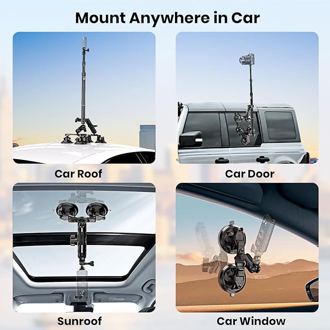 Suction Car Mount for GoPro/Insta360/DJI | Aluminum Alloy Extendable Selfie Stick with Multi-Joint Flexible Arm | Upsized Strong Suction Mount Kit Includes Tripod Adapter