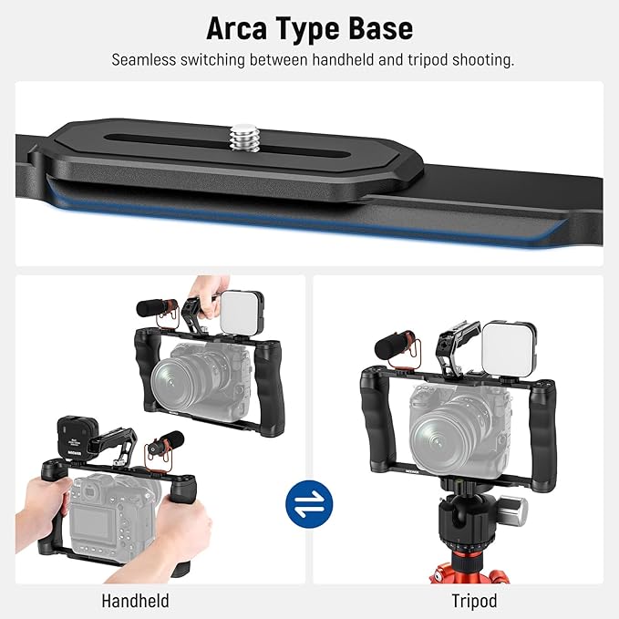 NEEWER Universal Camera Cage with Top Handle & Cold Shoe Monitor Mount, Arca Type Camera Gimbal Stabilizer Video Rig, Dual Handgrips & 3/8" for ARRI Compatible with SmallRig Accessories, CA016T+MA006
