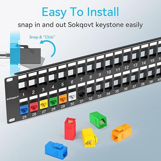 48 Port Blank Keystone Patch Panel with Snap-in Design (4 Pack), Cat6 Network Patch Panel 2U 19 inch, Rack Mount Ethernet Patch Panel (for Slim Keystone Only)