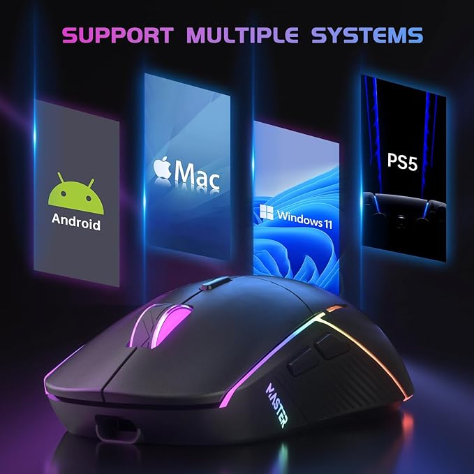 FFJ Wireless Gaming Mouse, 24000 DPI, Tri-Mode 2.4G/USB-C/Bluetooth 5.3 Gaming Mouse Wireless, RGB Programmable Mouse Gamer, 75Hrs Battery Life, Rechargeable Gaming Mice for PC, Mac, Xbox - Black