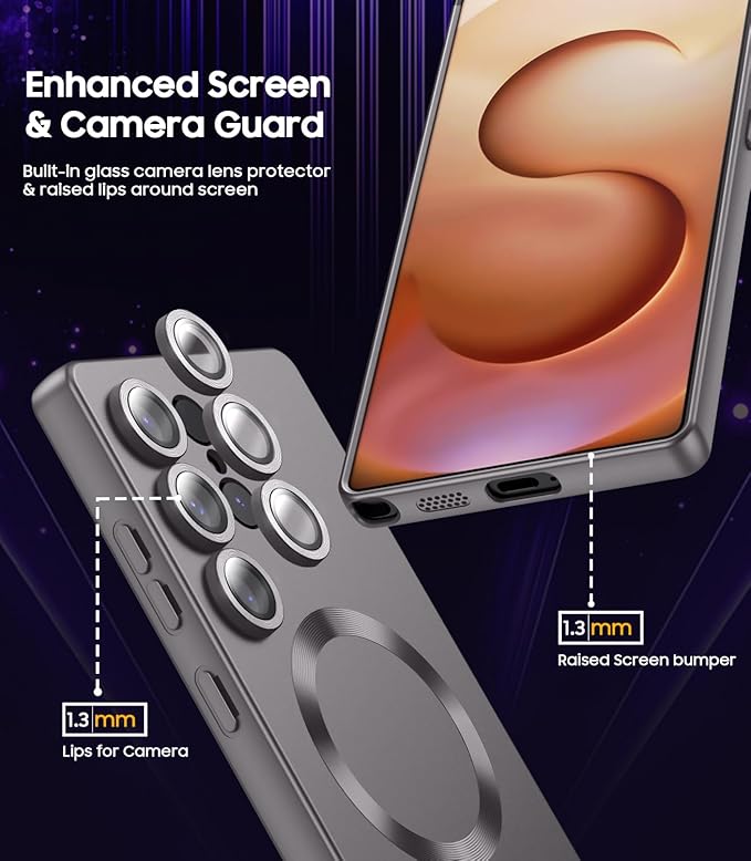 Magnetic for Samsung Galaxy S25 Ultra Case [Compatible with MagSafe][Built-in Camera Lens Protector] Slim Soft Silicone Bumper Shockproof Metallic Luster Phone Shell (Gray)