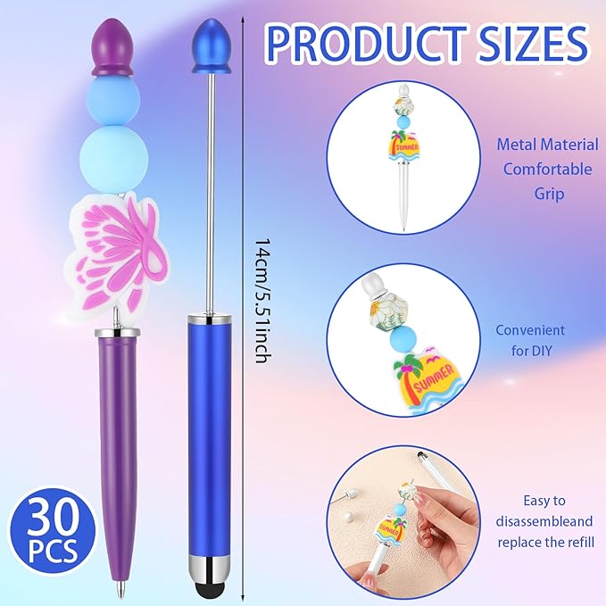 Qilery 30 Pcs Beaded Pens with Stylus Tips Plastic Beaded DIY Stylus 2-in-1 for Rubber Touch Screen Handwriting Ballpoint Pen 1.0mm, Black Ink, Office Supplies(Colorful)
