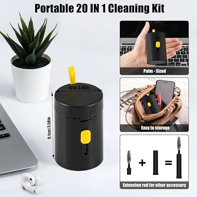 walrfid 2 Pack Laptop Phone Screen Cleaner Kit, Computer Keyboard Brush Cleaning Spray for iPhone AirPods MacBook iPad, 20-in-1 Electronic Device Tool for Camera Earbud TV Car Screens, Black White
