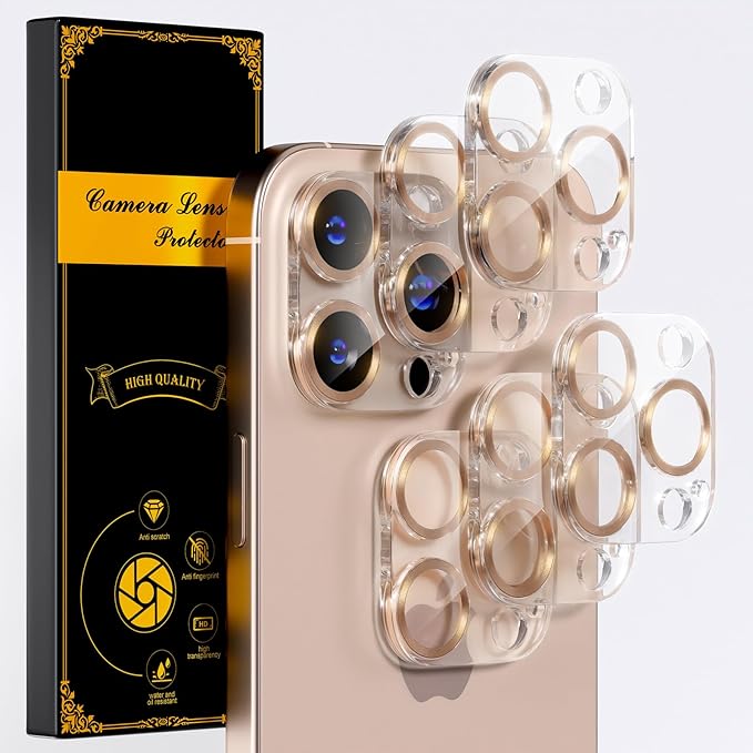 beuxece for 6 Pack iPhone 15 Pro/iPhone 15 Pro Max Camera Lens Protector [Drop Protection] [Case Friendly] [Easy Installation] 9H Tempered Glass Camera Screen Protector Cover, CD Gold