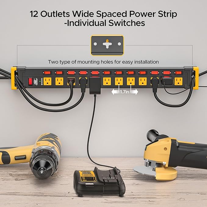 CRST 12 Outlets Long Power Strip, 9 FT Cord Metal Wall Mount Surge Protector Power Strip with Individual Switches and Cord Manager, 1020J, 15Amp/1875W for Garage,Workshop, Office, Home