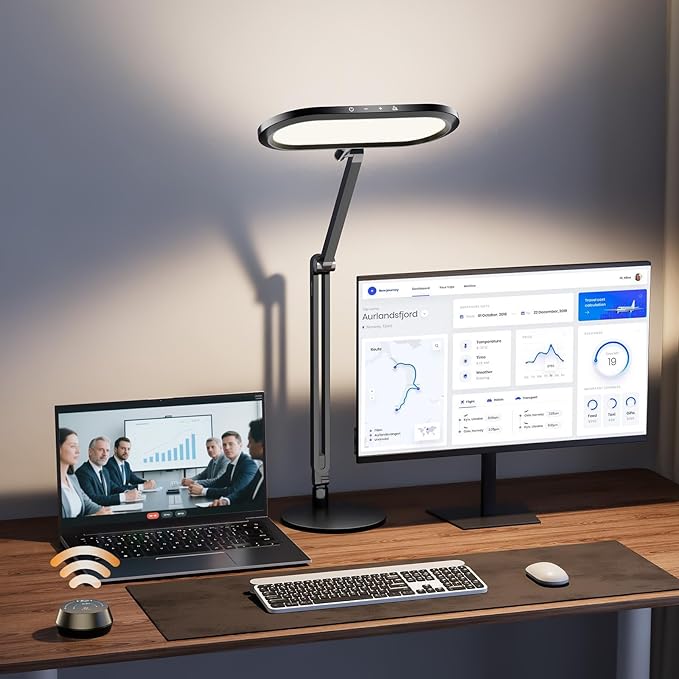 LED Desk Lamp for Home Office – Eye-Caring Double Side Light with Knob Remote, Stepless Dimming & Color, Memory, Metal Table Lamp for Zoom, Studying, Video Conference, Flicker-Free, Glare-Free