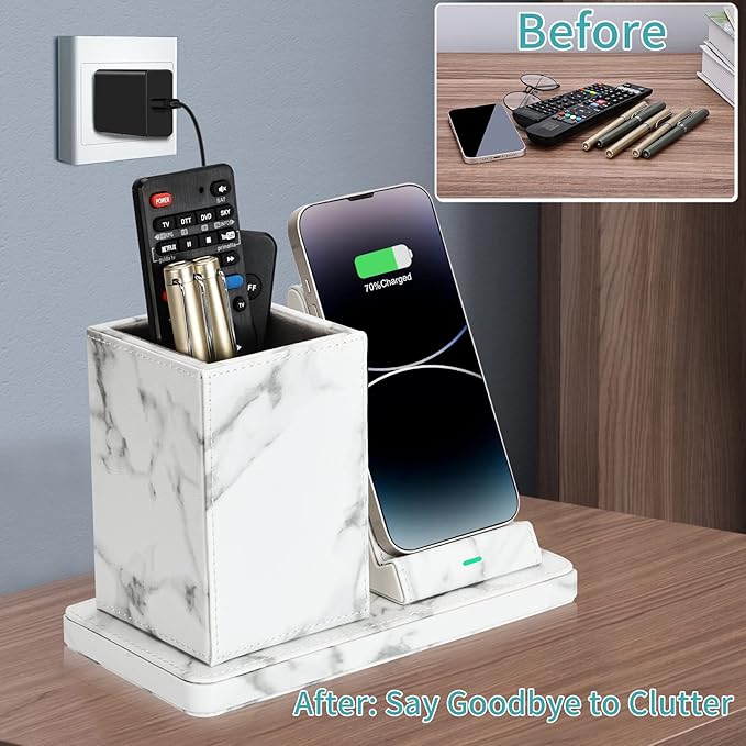Wireless Charger with Desk Organizer, Wireless Charging Station for iPhone 13/13 Pro Max/13 Pro/12 Series/11/XS Max/XR/X/8Plus/SE 2, Wireless Charging Stand with Leather… (Marble)