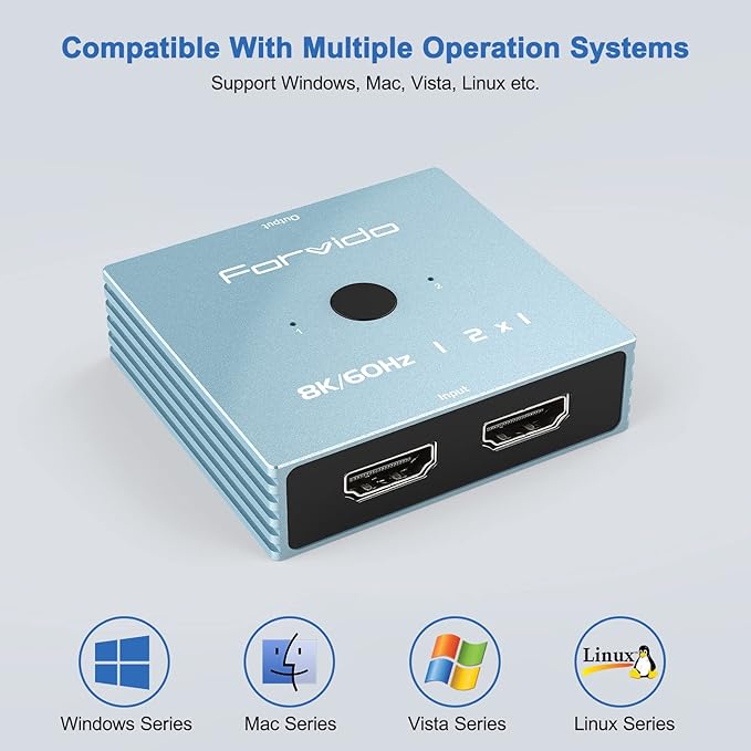 8K HDMI Switch 2 in 1 Out, 8K HDMI Splitter 4K 120Hz 1 in 2 Out for Dual Monitor PC Adapter Hub Bi-Directional Switcher