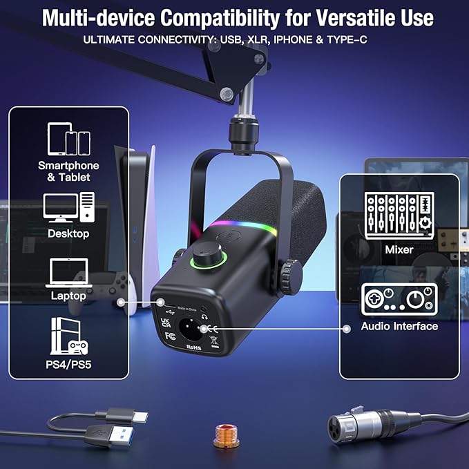 ZealSound XLR/USB Dynamic Microphone for Gaming Podcast,Mic for iPhone Phone PC Computer Gaming Streaming Microphone with RGB Light,Mute Button,Mic Gain,Headphones Jack,Boom Arm Stand,Singing YouTube