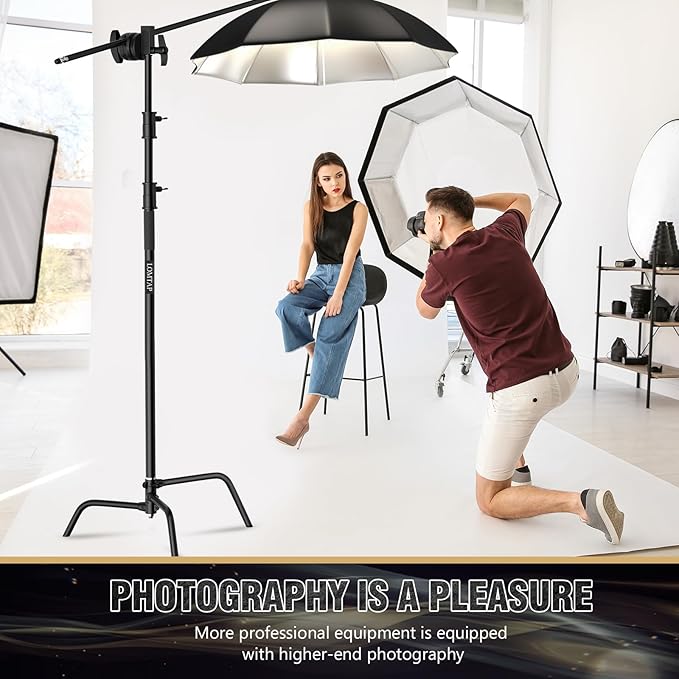 LOMTAP C Stand Light Stand Stainless Metal Photography Kit - Heavy Duty 10.8ft/330cm Vertical Pole, 4.2ft/128cm Boom Arm, Adjustable Base, Water Sandbag, 2 Grip Heads, 3 Clips for Softbox, Reflector