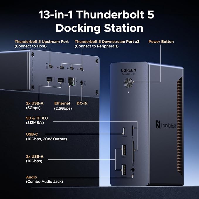 UGREEN Revodok Max 2131 Thunderbolt 5 Dock, 13-in-1, 120Gbps Transfer, Single 8K, Dual 6K60Hz Display, 140W Max Charging, 2.5GbE, SD/TF 4.0, for Thunderbolt 5/4 MacBooks and Windows Laptops