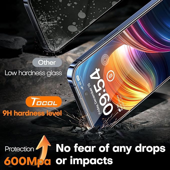 TOCOL for iPhone 15 Pro Screen Protector 9H Hardness Military Grade Shatterproof HD Tempered Glass Full Coverage Easy Installation Case Friendly 2 Pack