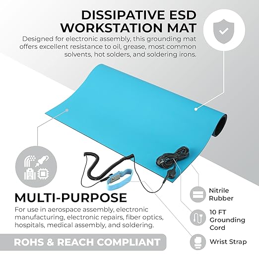 MWRF Source ESD Mat Kit with Wrist Strap and Grounding Cord (20 Inches x 24 Inches x 0.12 Inch, Blue)