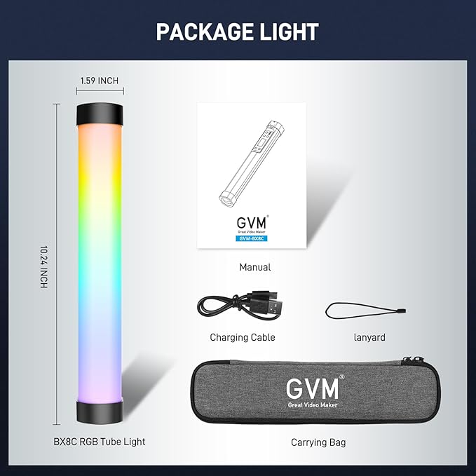 GVM RGB Tube Light with Spotlight, Magnetic Handheld Photography Light, Full-Color LED Stick Light 2000K-10000K CRI97+ Video Light with 3300mAh Built-in Battery, 6 Pixel Effects 12 Lighting Scenes